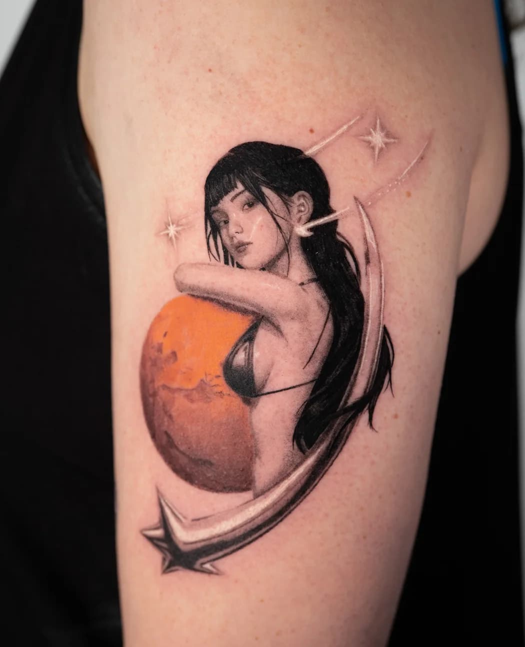 Figure curled around an orange planet with a comet, in colour
