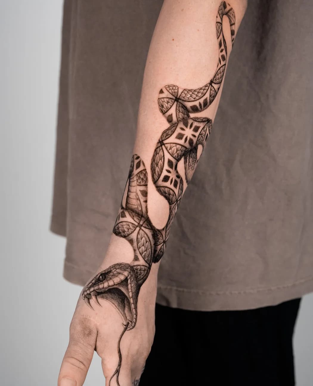 Ornamental snake winding down a forearm and onto the hand