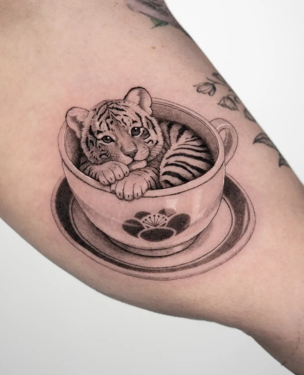 Tiger cub sitting in a teacup, fine line