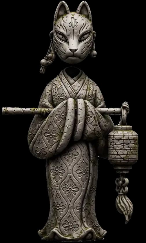 Stone kitsune figure carrying a lantern on a shoulder pole