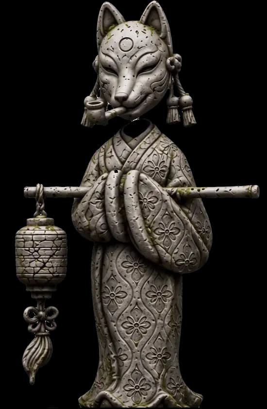 Stone kitsune figure with a pipe, carrying a lantern on a shoulder pole
